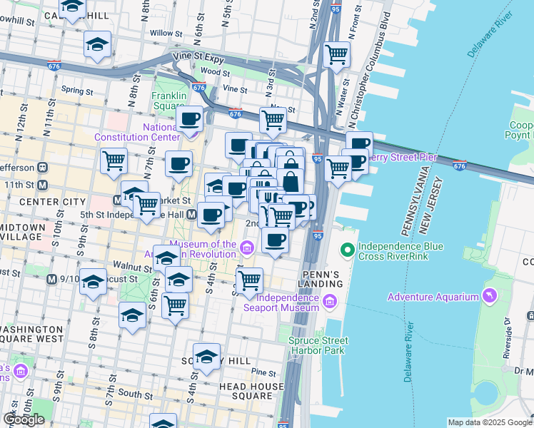 map of restaurants, bars, coffee shops, grocery stores, and more near 225 Market Street in Philadelphia
