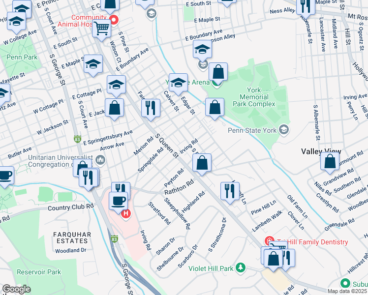map of restaurants, bars, coffee shops, grocery stores, and more near 217 Irving Road in York