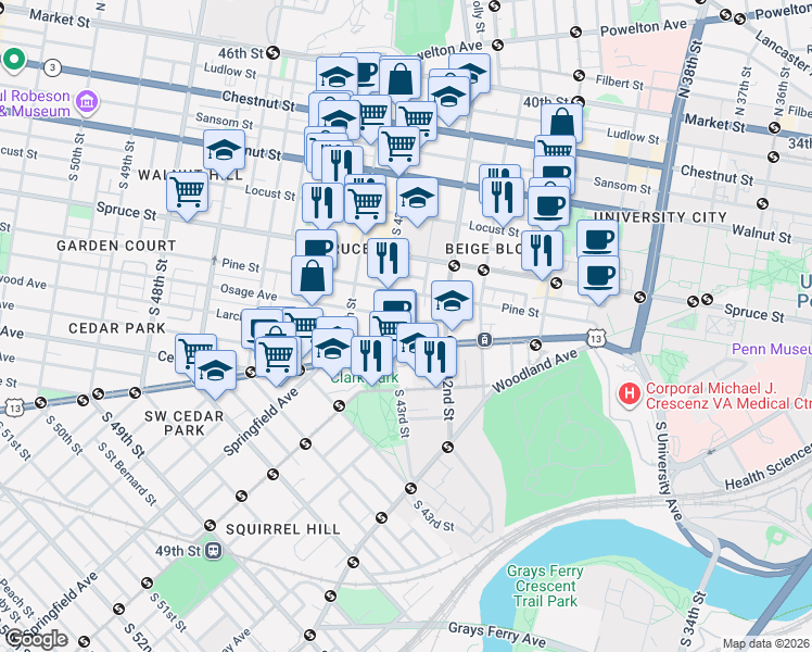 map of restaurants, bars, coffee shops, grocery stores, and more near 4226 Pine Street in Philadelphia