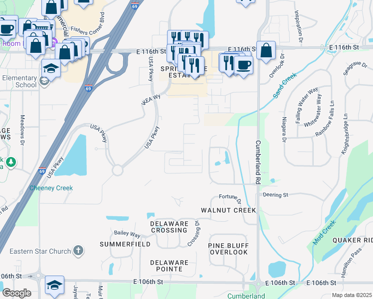 map of restaurants, bars, coffee shops, grocery stores, and more near 11255 Slate Stone Drive in Fishers