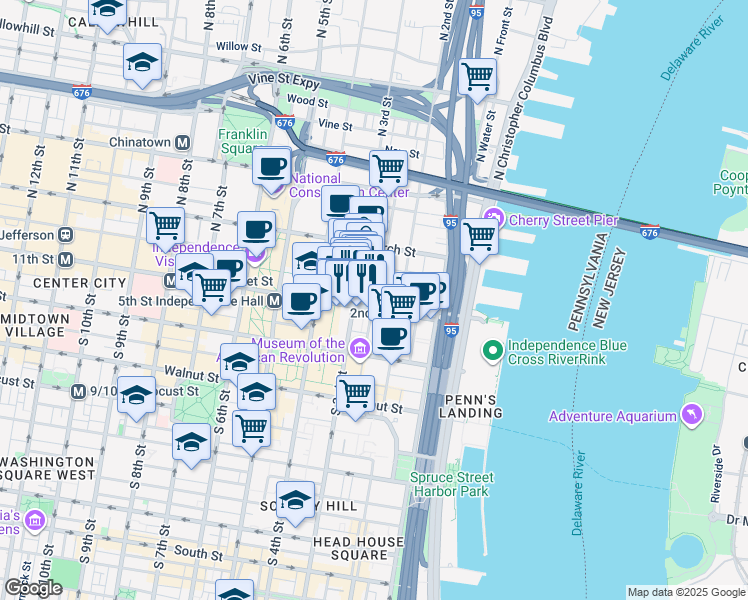 map of restaurants, bars, coffee shops, grocery stores, and more near 30 North 3rd Street in Philadelphia