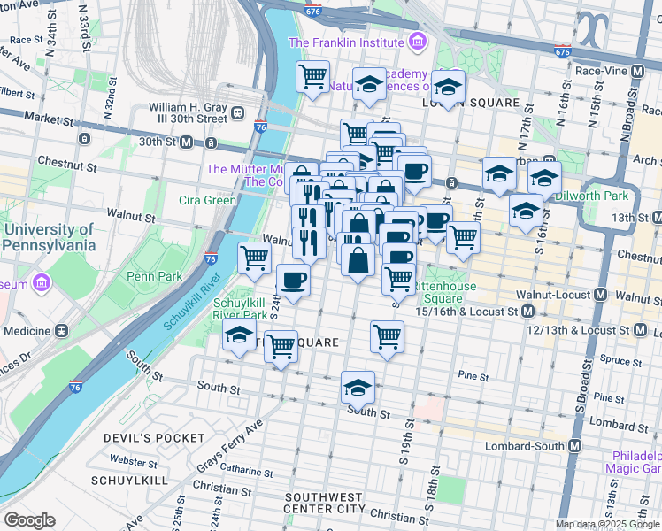 map of restaurants, bars, coffee shops, grocery stores, and more near 2141 Saint James Street in Philadelphia