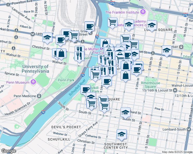map of restaurants, bars, coffee shops, grocery stores, and more near 201 South 25th Street in Philadelphia