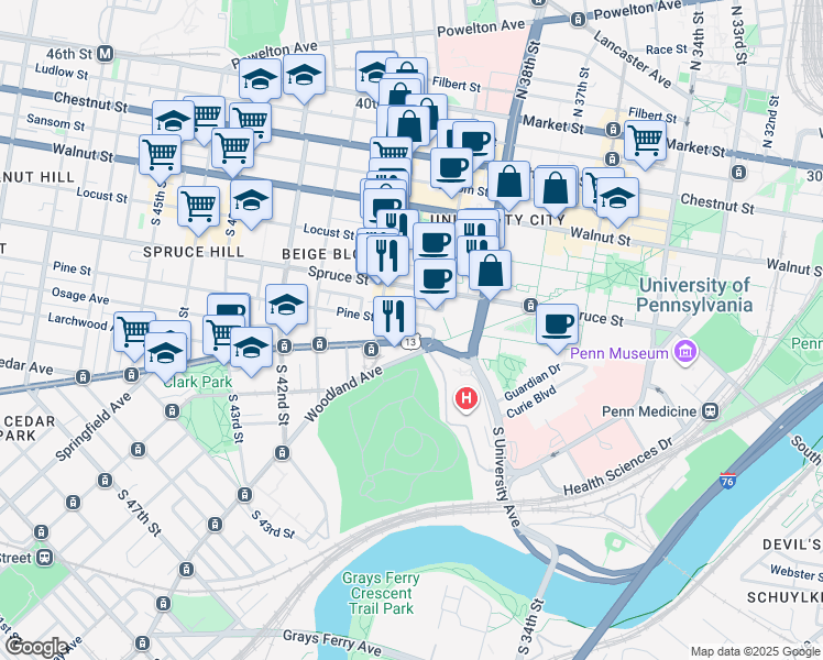 map of restaurants, bars, coffee shops, grocery stores, and more near 3936 Pine Street in Philadelphia