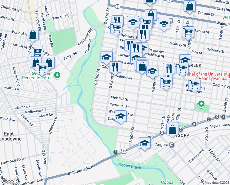map of restaurants, bars, coffee shops, grocery stores, and more near 6140 Webster Street in Philadelphia