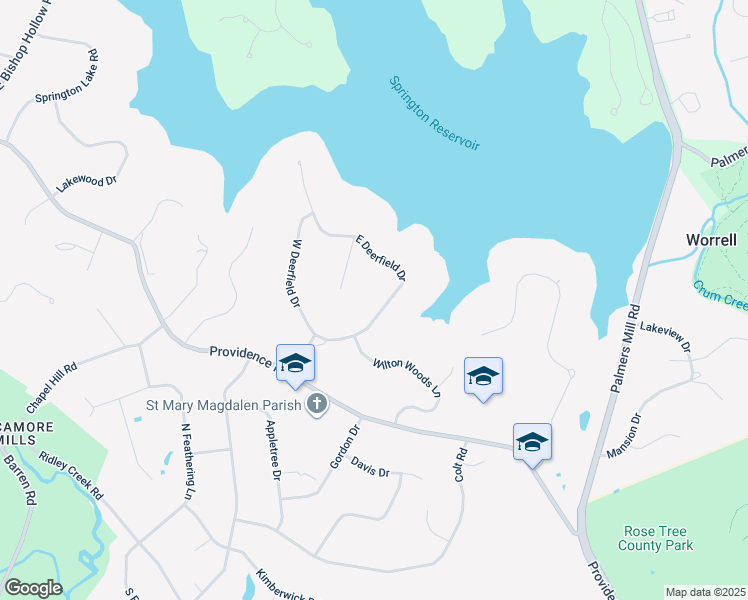 map of restaurants, bars, coffee shops, grocery stores, and more near 2273 East Deerfield Drive in Media
