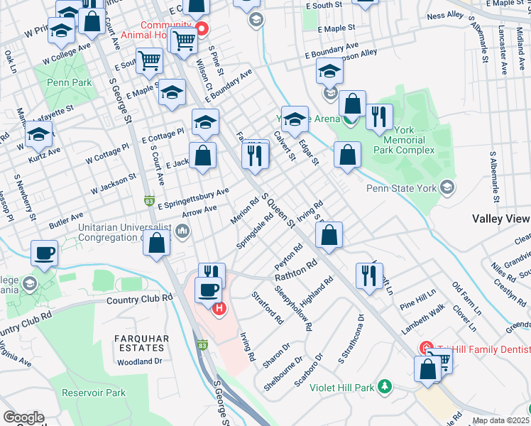 map of restaurants, bars, coffee shops, grocery stores, and more near 171 Springdale Road in York