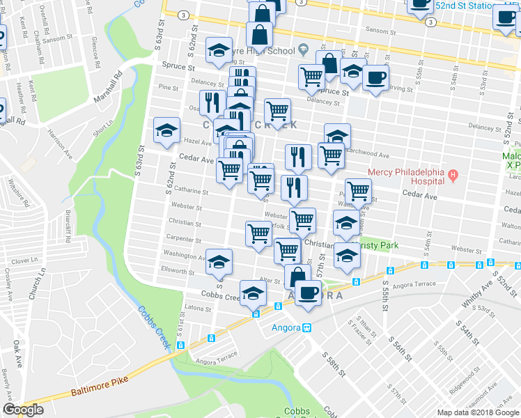 map of restaurants, bars, coffee shops, grocery stores, and more near 712 South 59th Street in Philadelphia