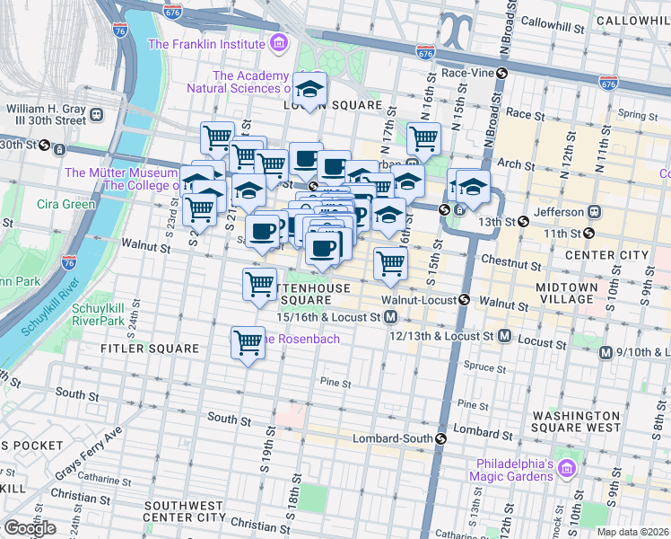 map of restaurants, bars, coffee shops, grocery stores, and more near 111 South 18th Street in Philadelphia