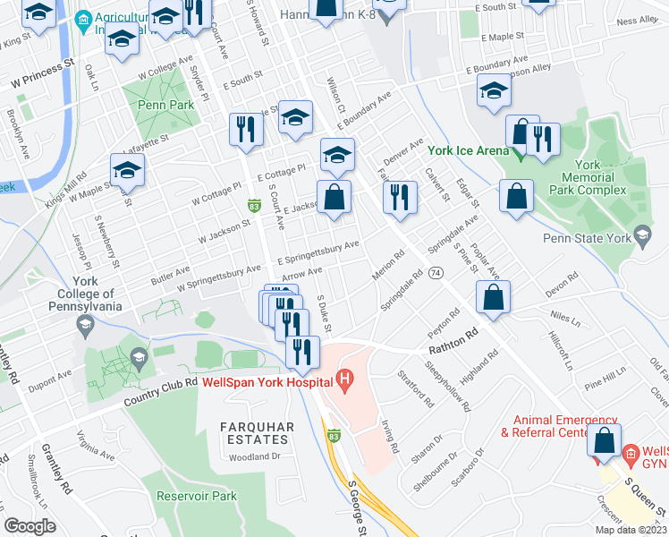 map of restaurants, bars, coffee shops, grocery stores, and more near 916 McKenzie Street in York