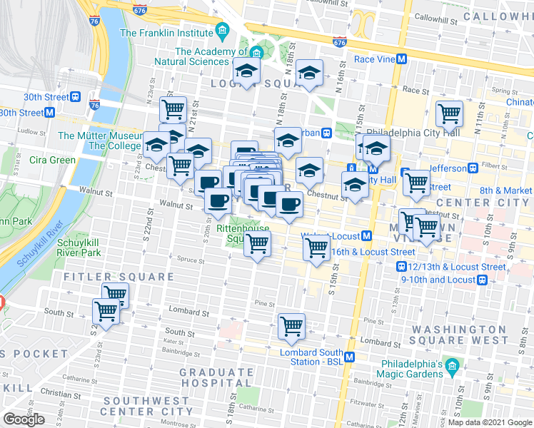 map of restaurants, bars, coffee shops, grocery stores, and more near 135 South 18th Street in Philadelphia
