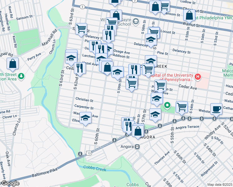 map of restaurants, bars, coffee shops, grocery stores, and more near 712 South 59th Street in Philadelphia