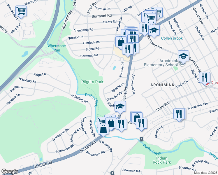 map of restaurants, bars, coffee shops, grocery stores, and more near 5256 Reservation Road in Drexel Hill