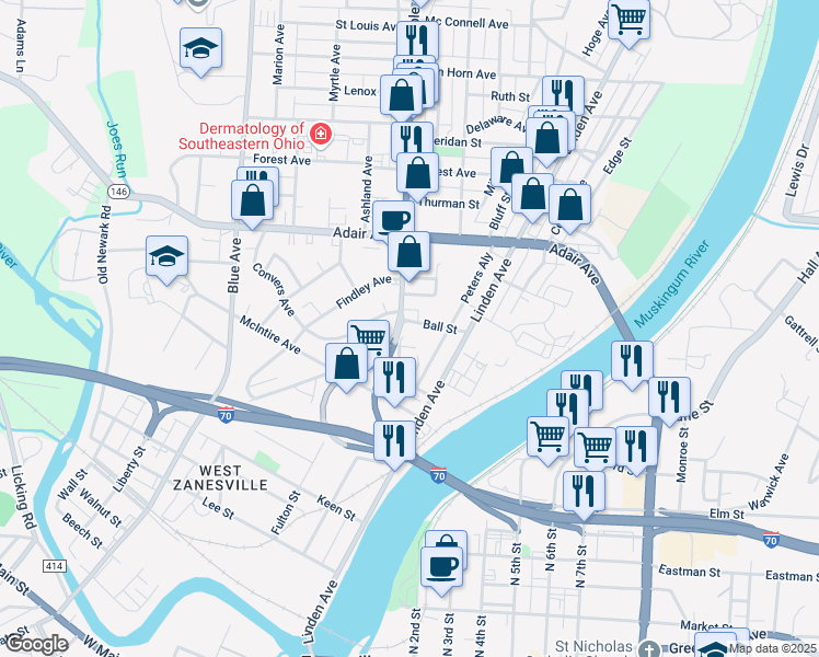 map of restaurants, bars, coffee shops, grocery stores, and more near 1019 Maple Avenue in Zanesville