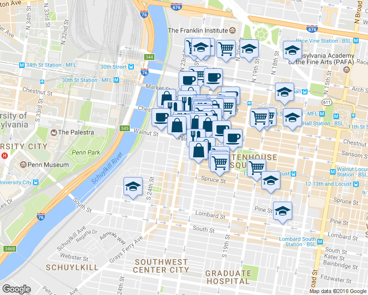 map of restaurants, bars, coffee shops, grocery stores, and more near 2141 Saint James Street in Philadelphia