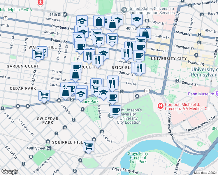 map of restaurants, bars, coffee shops, grocery stores, and more near 420 South 42nd Street in Philadelphia