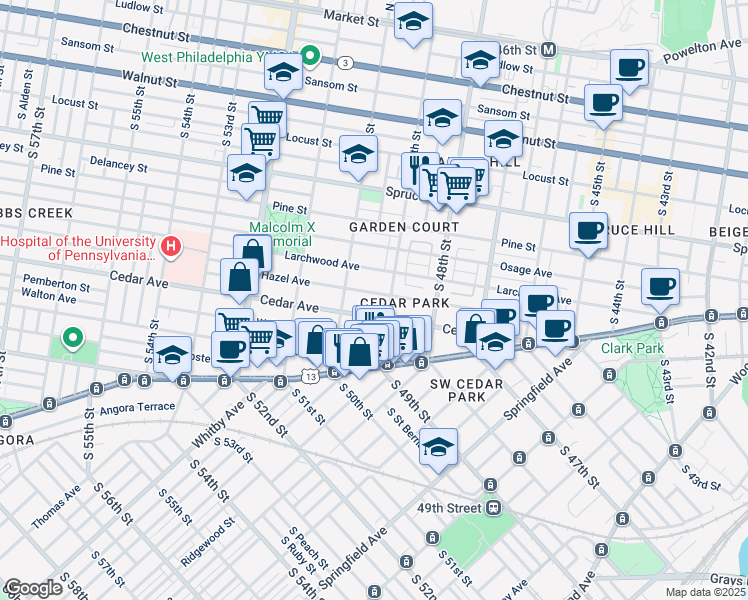 map of restaurants, bars, coffee shops, grocery stores, and more near 4920 Hazel Avenue in Philadelphia