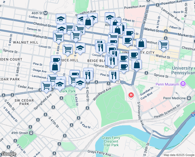 map of restaurants, bars, coffee shops, grocery stores, and more near 405 South 41st Street in Philadelphia