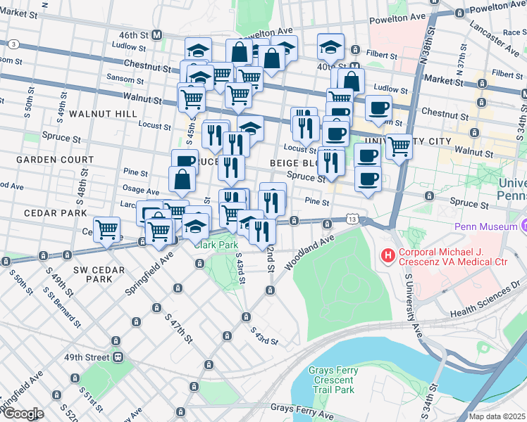 map of restaurants, bars, coffee shops, grocery stores, and more near 420 South 42nd Street in Philadelphia