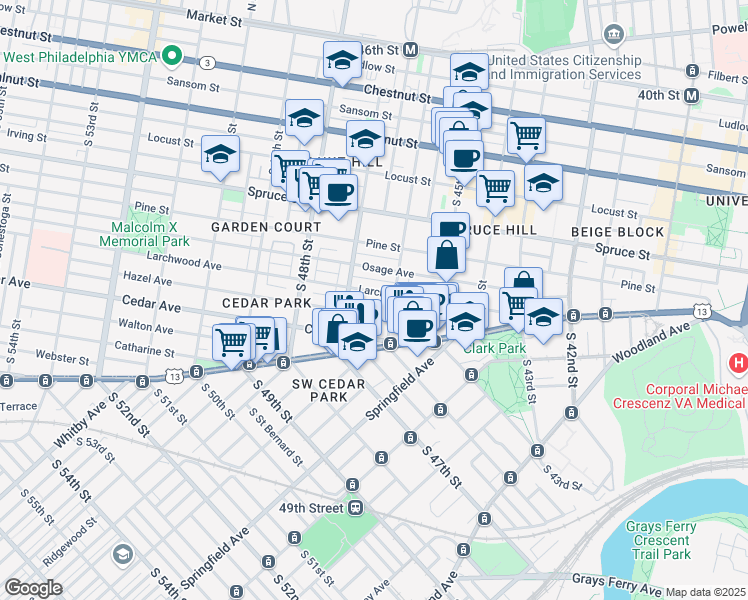 map of restaurants, bars, coffee shops, grocery stores, and more near 4624 Larchwood Avenue in Philadelphia