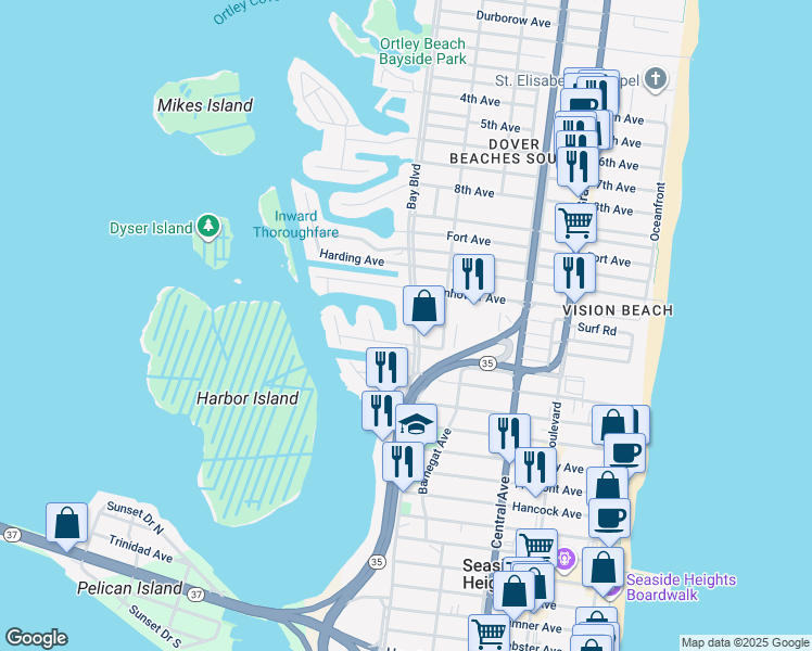 map of restaurants, bars, coffee shops, grocery stores, and more near 1639 Bay Boulevard in Seaside Heights