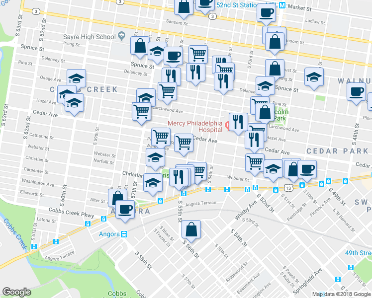 map of restaurants, bars, coffee shops, grocery stores, and more near 626 South 55th Street in Philadelphia