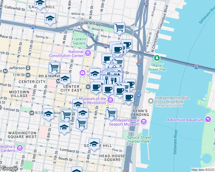 map of restaurants, bars, coffee shops, grocery stores, and more near 313 Market Street in Philadelphia