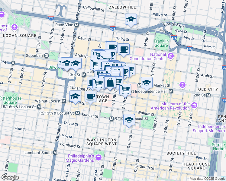 map of restaurants, bars, coffee shops, grocery stores, and more near 1001-13 Chestnut Street in Philadelphia