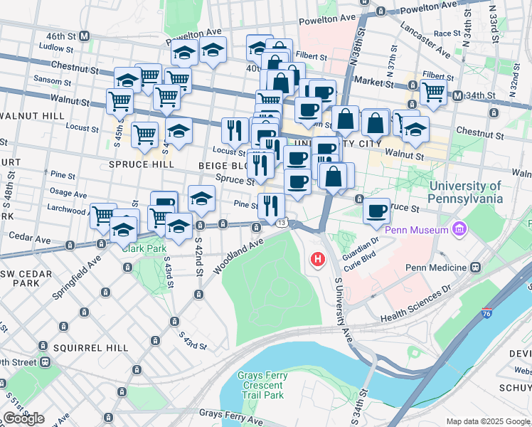 map of restaurants, bars, coffee shops, grocery stores, and more near 407 South 40th Street in Philadelphia