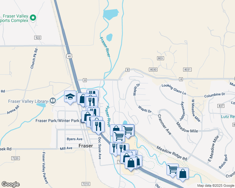 map of restaurants, bars, coffee shops, grocery stores, and more near 640 Wapiti Drive in Granby