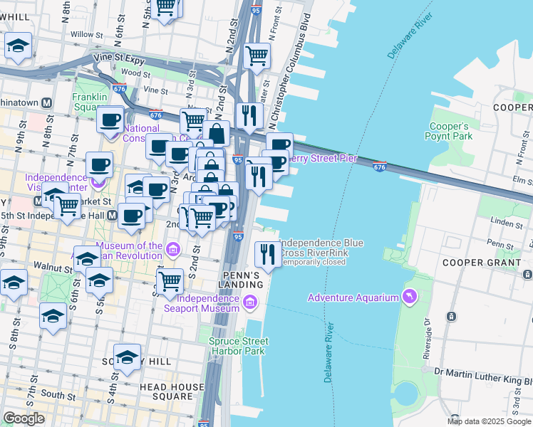 map of restaurants, bars, coffee shops, grocery stores, and more near 31 North Christopher Columbus Boulevard in Philadelphia