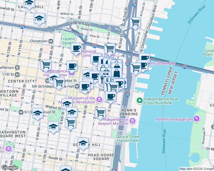 map of restaurants, bars, coffee shops, grocery stores, and more near 51 North 3rd Street in Philadelphia