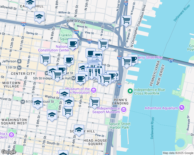 map of restaurants, bars, coffee shops, grocery stores, and more near 30 North 3rd Street in Philadelphia