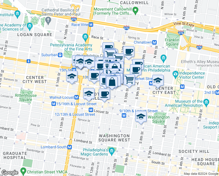 map of restaurants, bars, coffee shops, grocery stores, and more near 1029 Spruce Street in Philadelphia