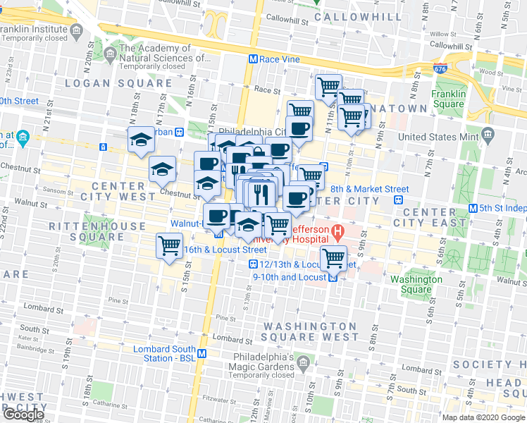map of restaurants, bars, coffee shops, grocery stores, and more near in Philadelphia