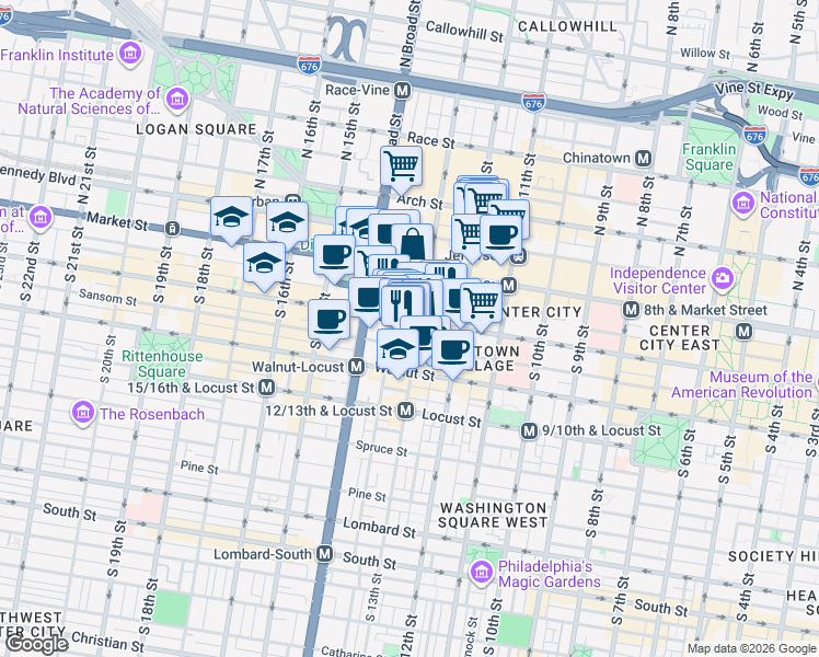 map of restaurants, bars, coffee shops, grocery stores, and more near in Philadelphia