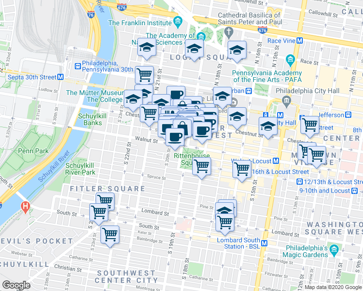 map of restaurants, bars, coffee shops, grocery stores, and more near 1902 Sansom Street in Philadelphia