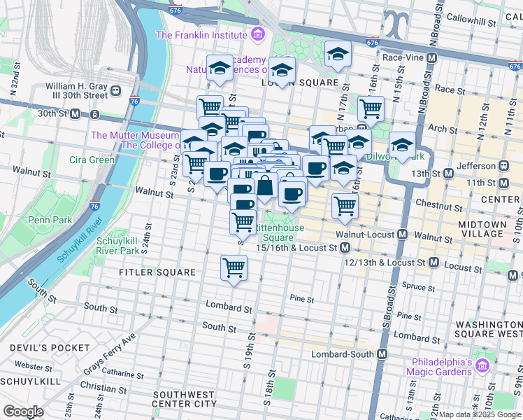 map of restaurants, bars, coffee shops, grocery stores, and more near 124-26 South 19th Street in Philadelphia