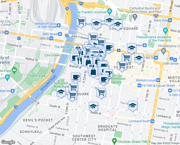map of restaurants, bars, coffee shops, grocery stores, and more near in Philadelphia