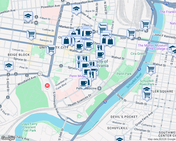map of restaurants, bars, coffee shops, grocery stores, and more near 221 South 34th Street in Philadelphia