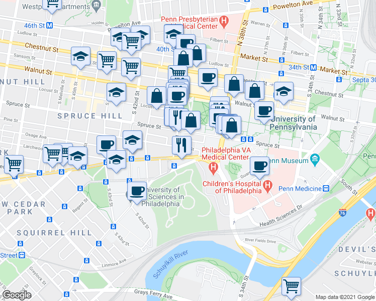 map of restaurants, bars, coffee shops, grocery stores, and more near 3940 Delancey Street in Philadelphia