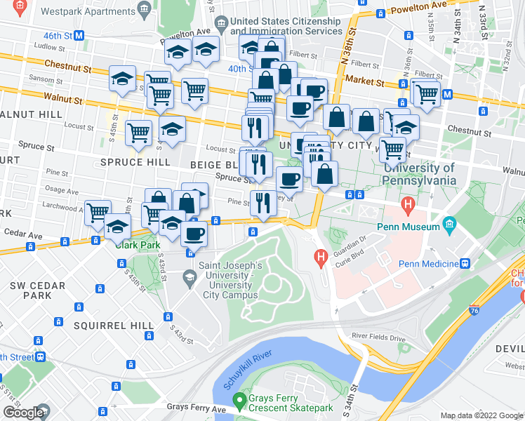 map of restaurants, bars, coffee shops, grocery stores, and more near 3940 Delancey Street in Philadelphia