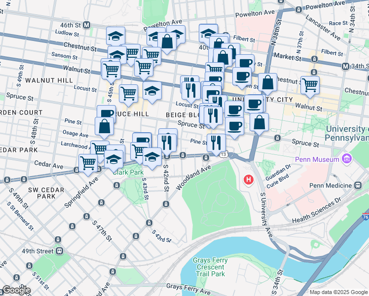 map of restaurants, bars, coffee shops, grocery stores, and more near 319 South 41st Street in Philadelphia
