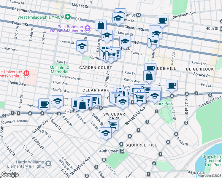 map of restaurants, bars, coffee shops, grocery stores, and more near 4725 Larchwood Avenue in Philadelphia