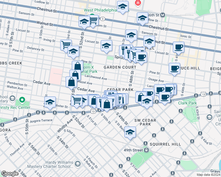 map of restaurants, bars, coffee shops, grocery stores, and more near 4939 Hazel Avenue in Philadelphia