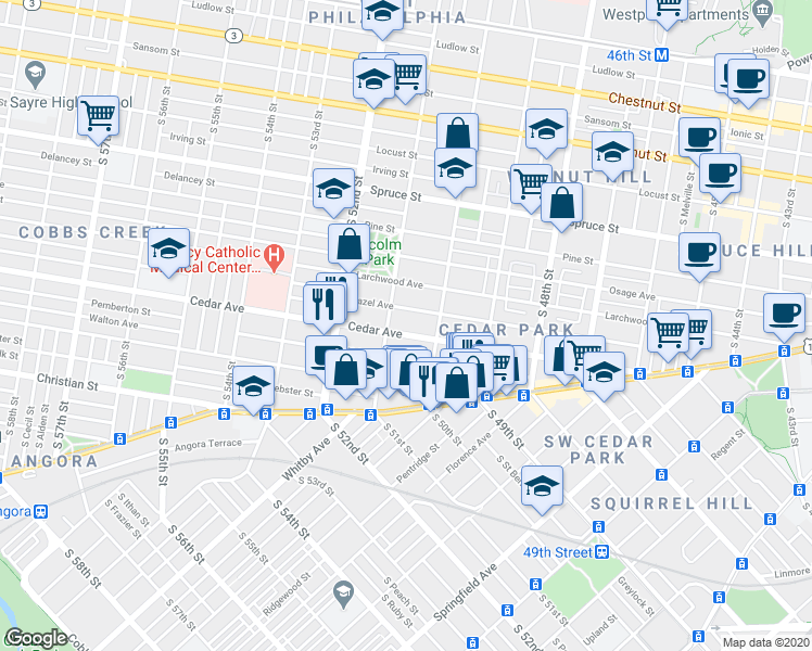 map of restaurants, bars, coffee shops, grocery stores, and more near in Philadelphia