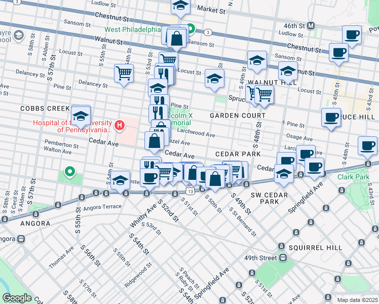 map of restaurants, bars, coffee shops, grocery stores, and more near 5104 Hazel Avenue in Philadelphia