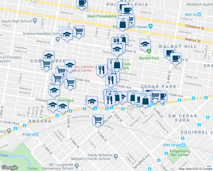 map of restaurants, bars, coffee shops, grocery stores, and more near 5236 Rodman Street in Philadelphia