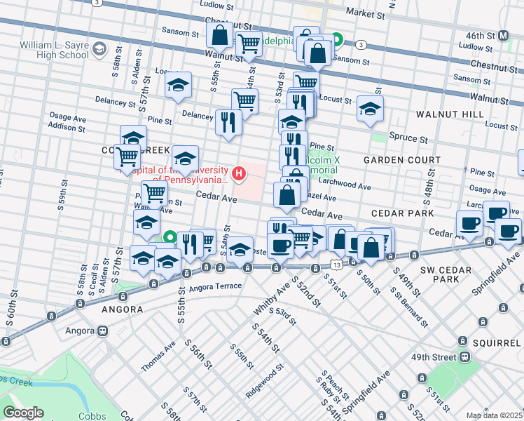 map of restaurants, bars, coffee shops, grocery stores, and more near 5324 Cedar Avenue in Philadelphia