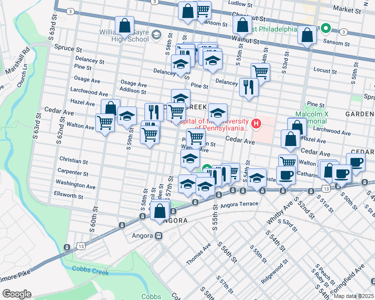 map of restaurants, bars, coffee shops, grocery stores, and more near 5611 Pemberton Street in Philadelphia